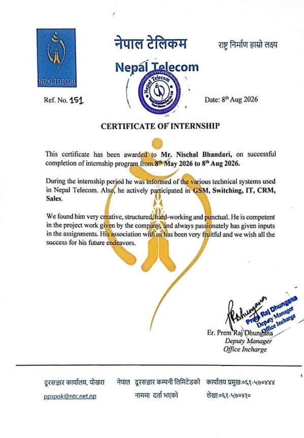 Nepal Telecom (NTC) Internship Certificate